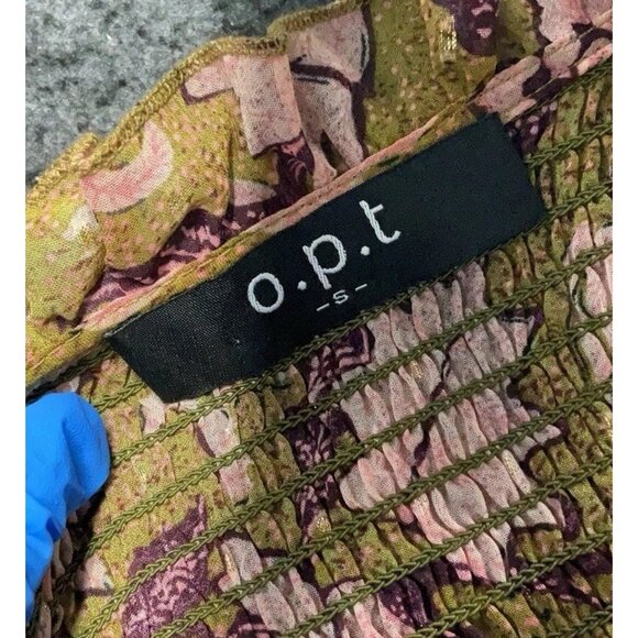 Anthropologie OPT Metallic Boho Peasant Top Small Olive Green Pink Floral - Picture 5 of 7